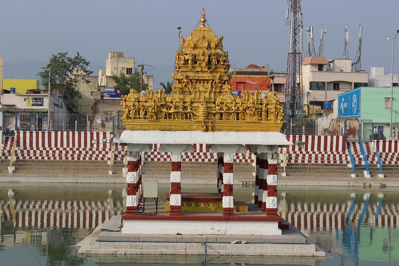 Golden mandapam on the temple tank at Tiruchanoor